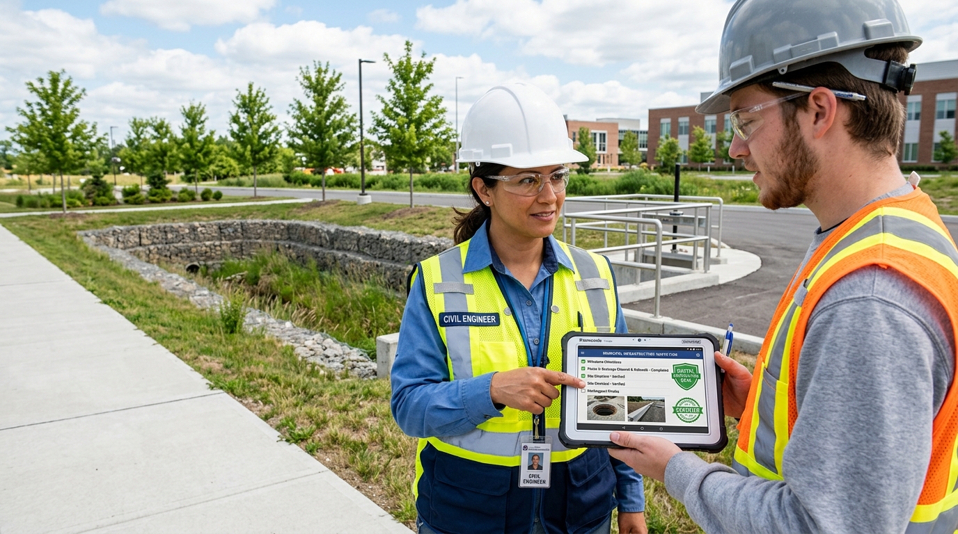 Certified civil engineer and field technician verifying milestone checklist