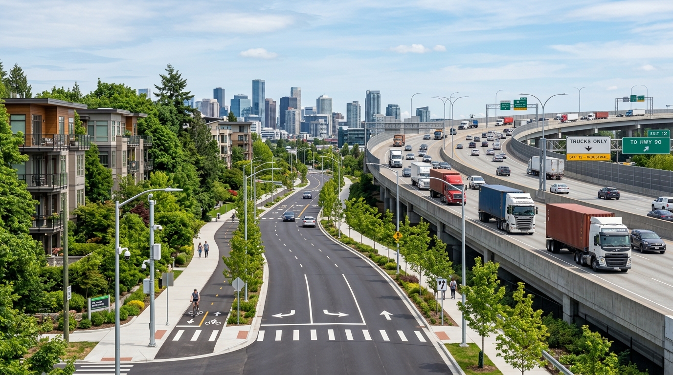 Heavy freight deflected smoothly to reinforced arterial bypass while residential corridor remains preserved