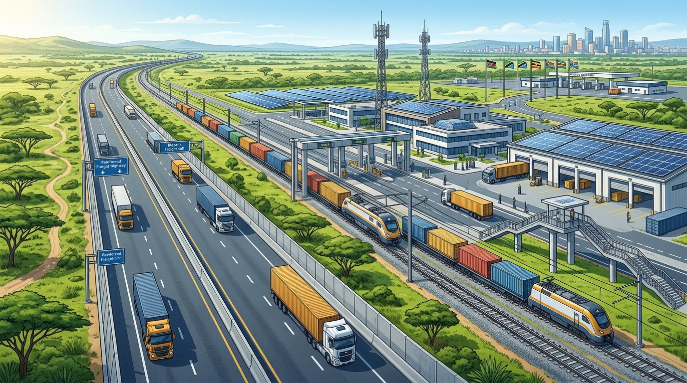 Regional multimodal trade corridor connecting major cities across borders with rail and highway freight